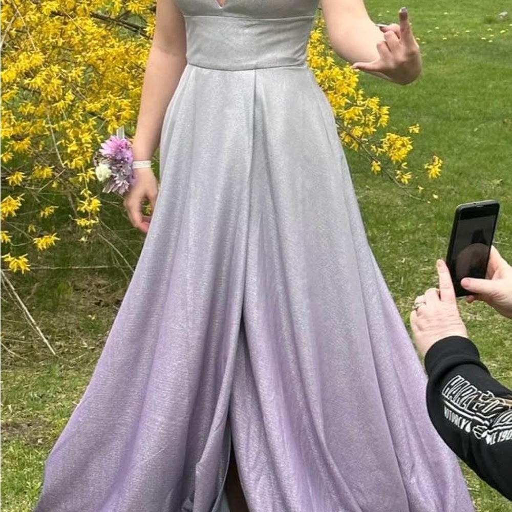 Camille La Vie Silver and Purple Sweetheart Prom Gown